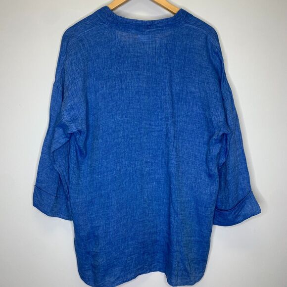 Pure Jill Linen Blue Tunic Top V-Neck Button Front Roll Tab Sleeve Relaxed Fit M - Picture 2 of 11